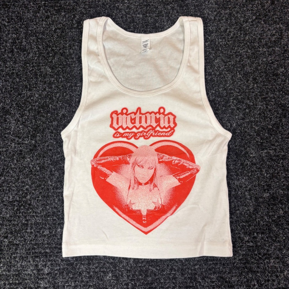Los Angeles Apparel Victoria Is My Girlfriend Graphic Tank Top White Red Large